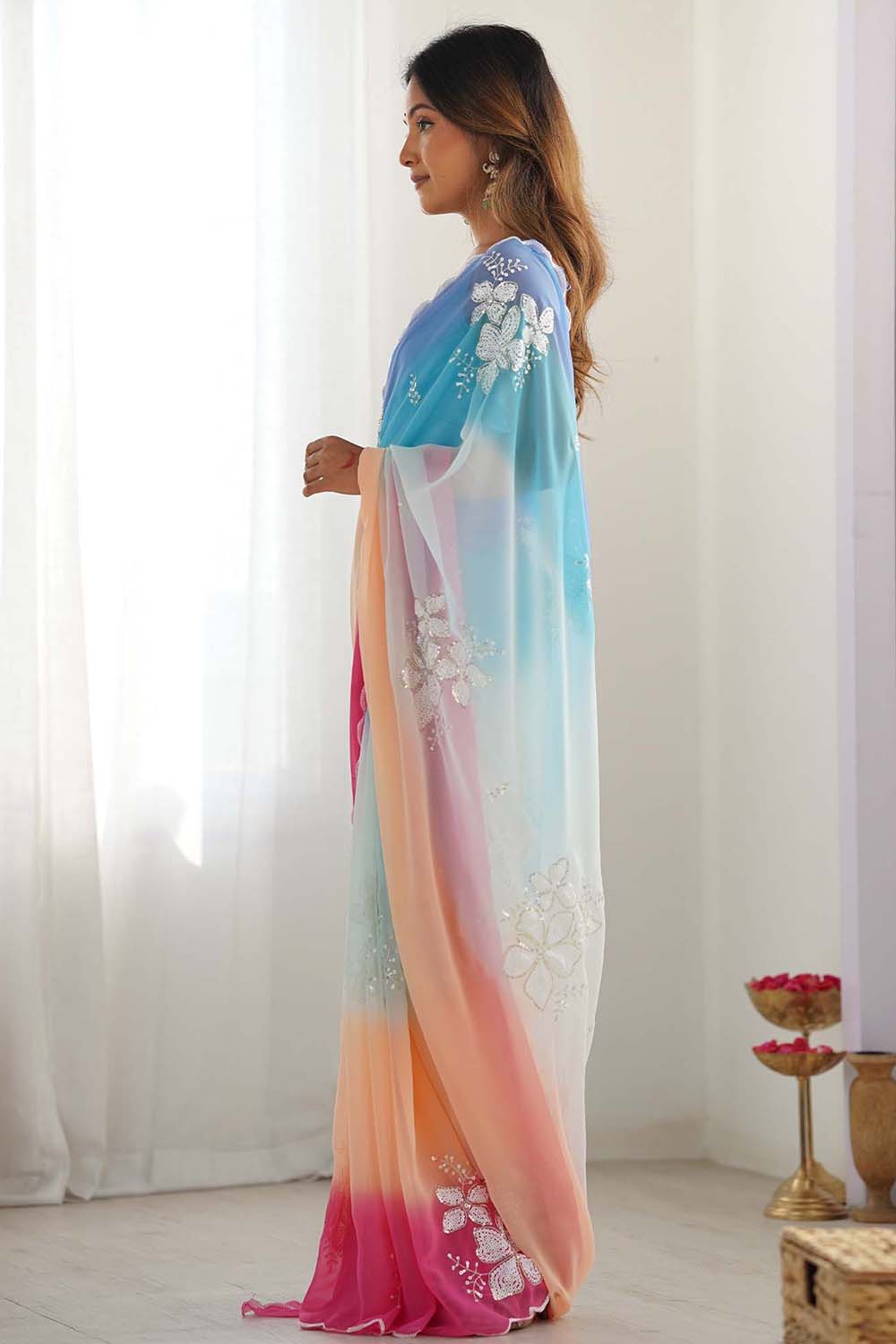 Light Blue Georgette Embellished One Minute Saree - Ready to Wear
