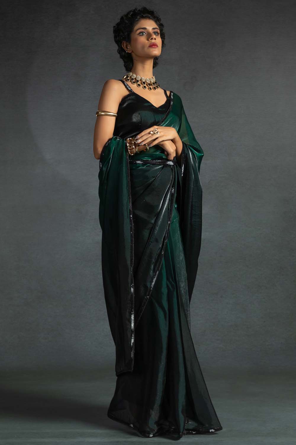 Green Satin Silk One Minute Saree - Ready to Wear