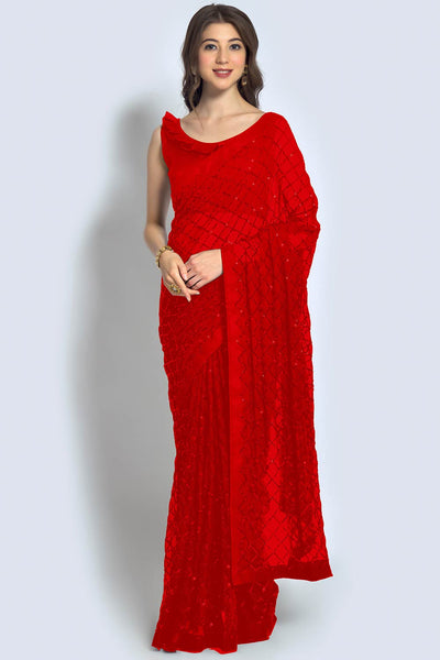 Huda Red Georgette Sequins Ready to Wear One Minute Saree
