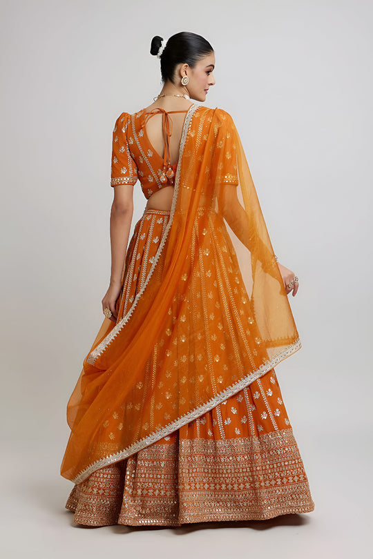 Olsa Orange Sequin &amp; Zari Embroidered Faux Georgette Lehenga Saree