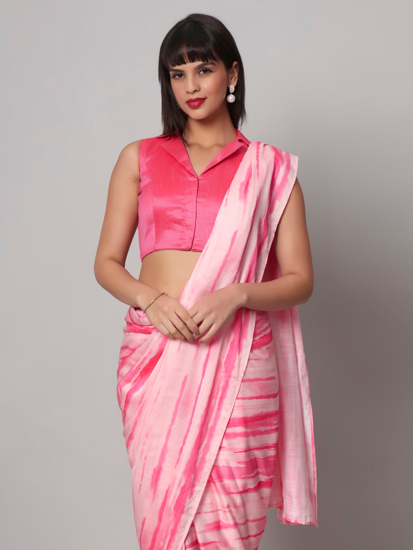 Paula Pink & White Satin Tie & Dye Ready to Wear One Minute Saree