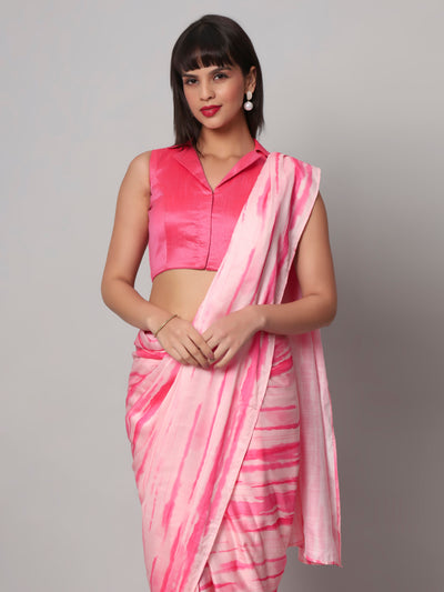 Paula Pink & White Satin Tie & Dye Ready to Wear One Minute Saree