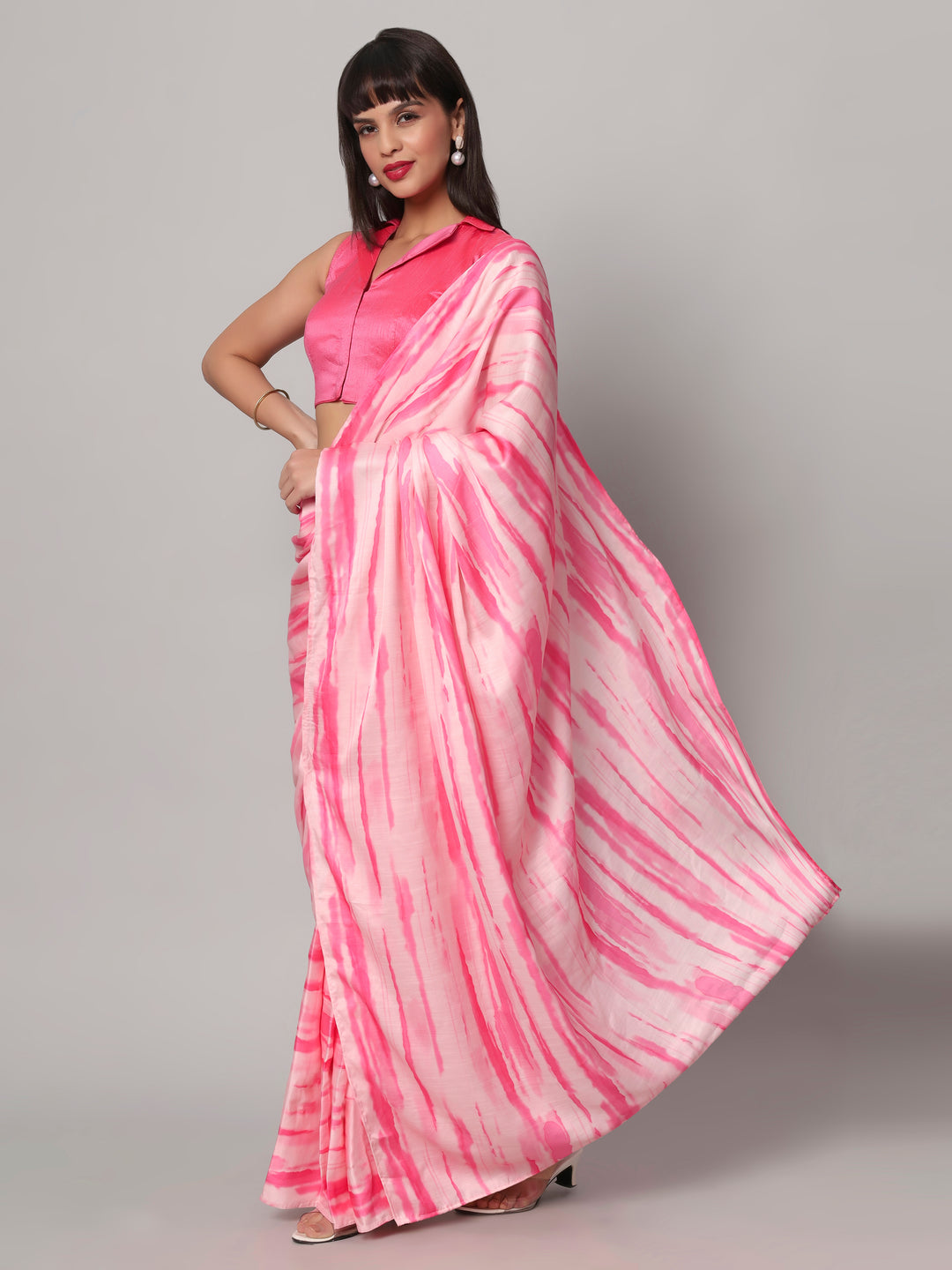 Paula Pink & White Satin Tie & Dye Ready to Wear One Minute Saree