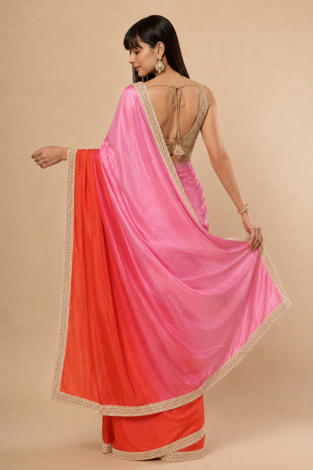 Chandini Pink Silk Ombre Sequins Ready to Wear One Minute Saree