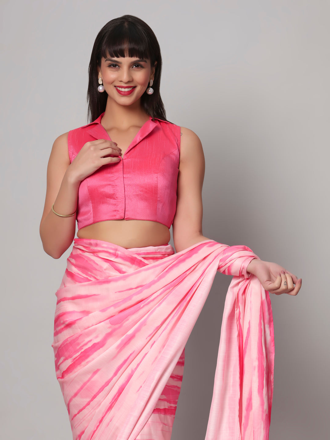 Paula Pink & White Satin Tie & Dye Ready to Wear One Minute Saree