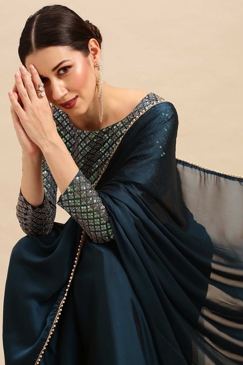 Avani Teal Blue Georgette Solid One Minute Saree