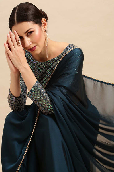 Avani Teal Blue Georgette Solid One Minute Saree