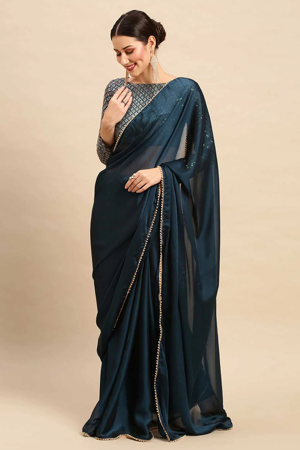 Avani Teal Blue Georgette Solid One Minute Saree