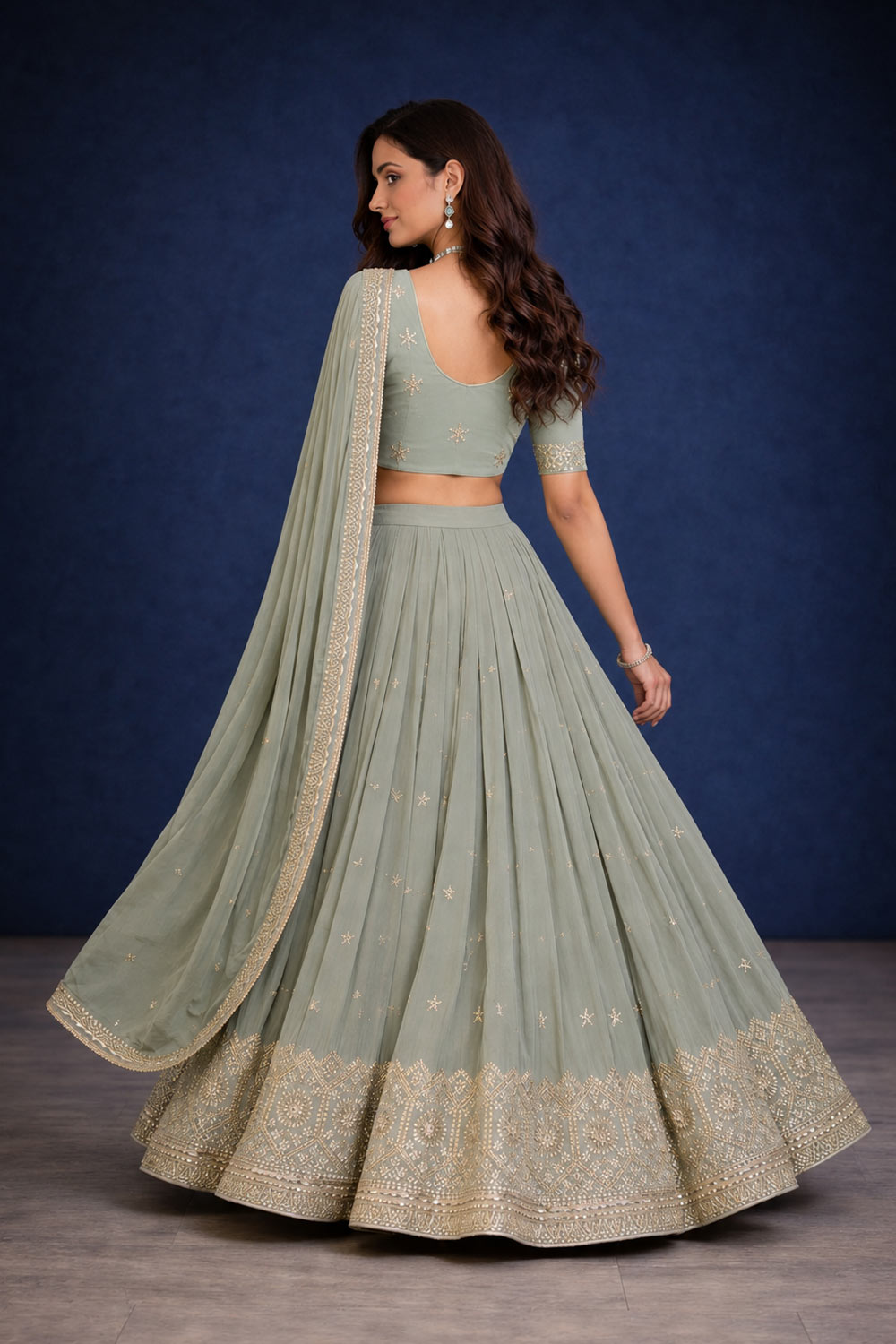 Sienna Sage Green Zari &amp; Sequin Embroidered Faux Georgette Lehenga Saree