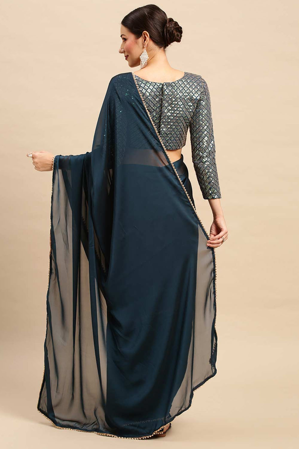 Avani Teal Blue Georgette Solid One Minute Saree
