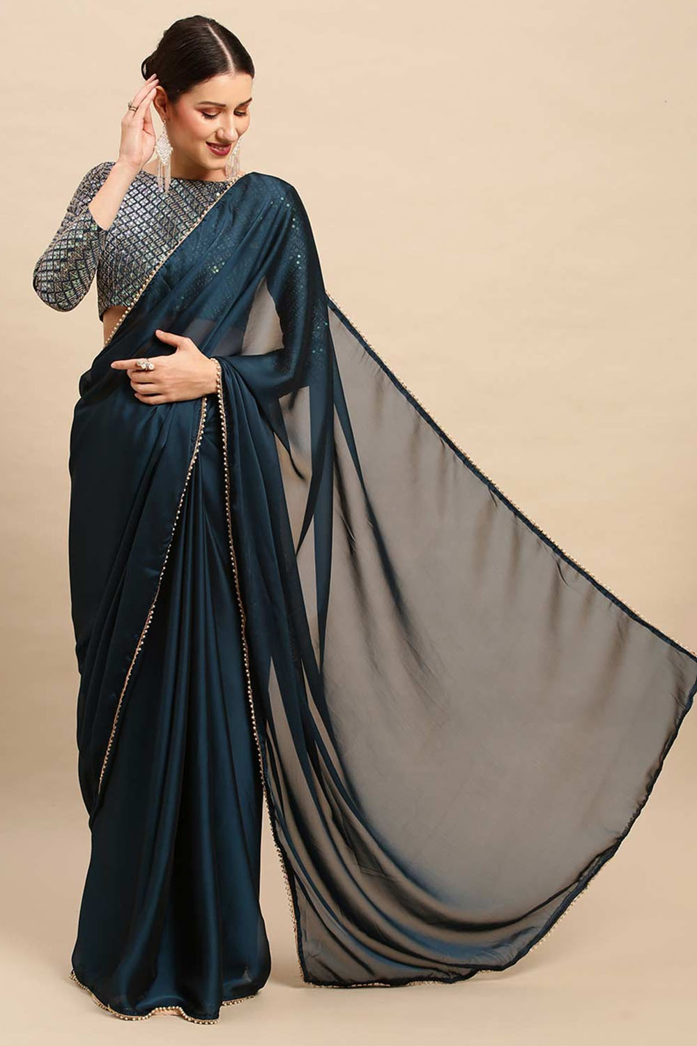 Avani Teal Blue Georgette Solid One Minute Saree