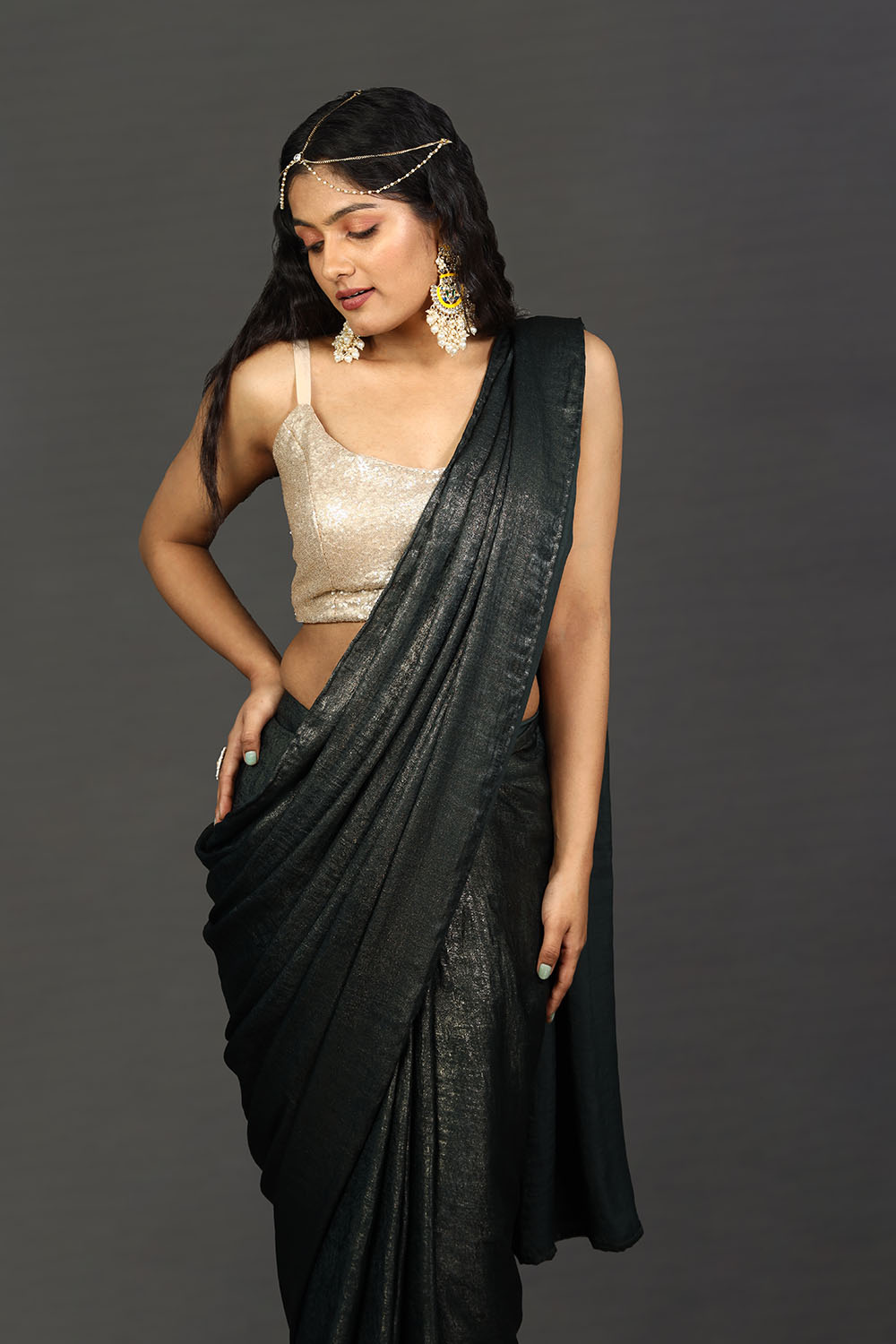 Gaia Grey and Gold Shimmer One Minute Saree