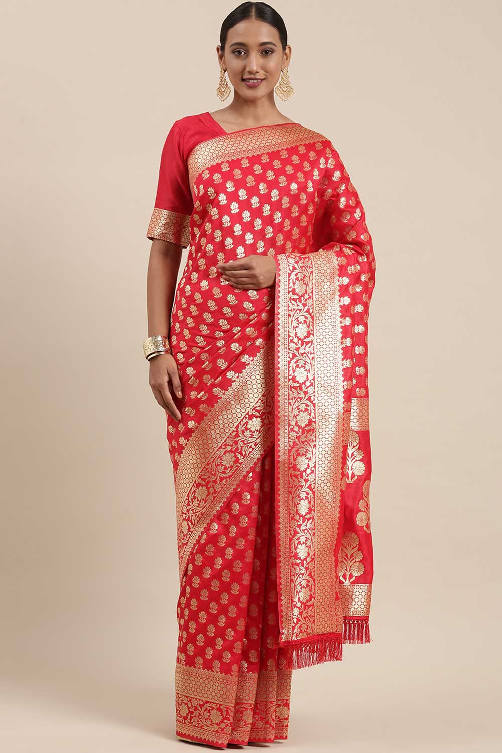 Rihanna Red Floral Blended Silk One Minute Saree