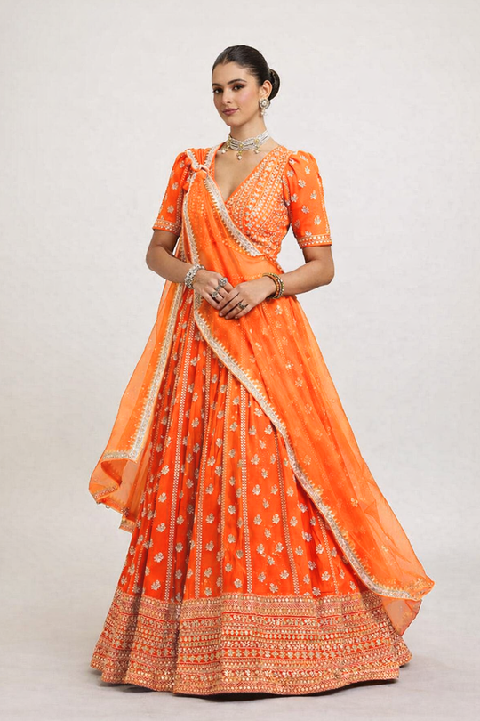 Olsa Orange Sequin &amp; Zari Embroidered Faux Georgette Lehenga Saree