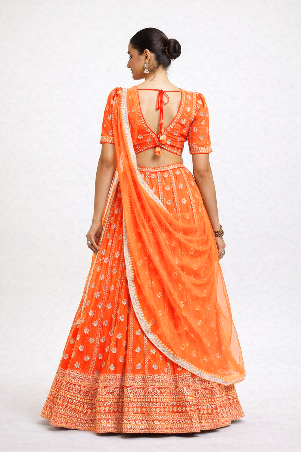 Olsa Orange Sequin & Zari Embroidered Faux Georgette Lehenga Saree