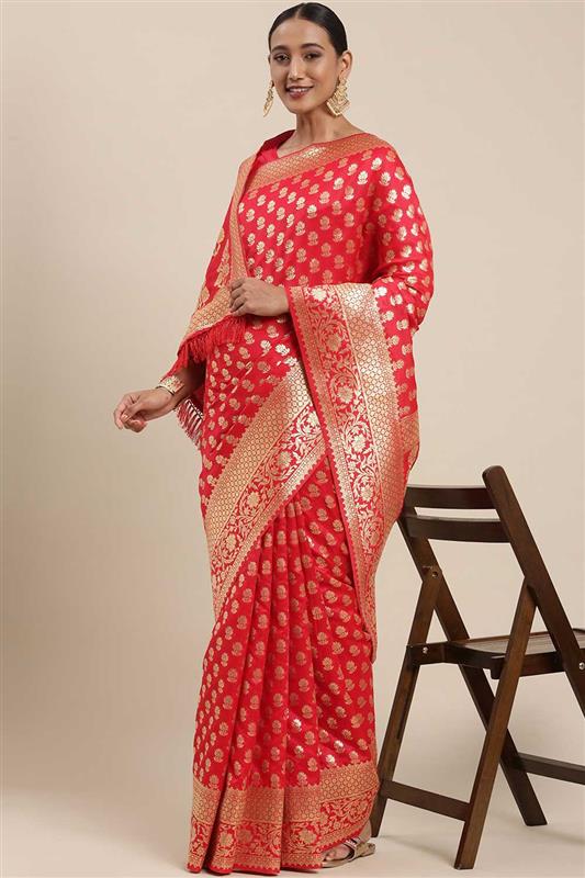 Rihanna Red Floral Blended Silk One Minute Saree