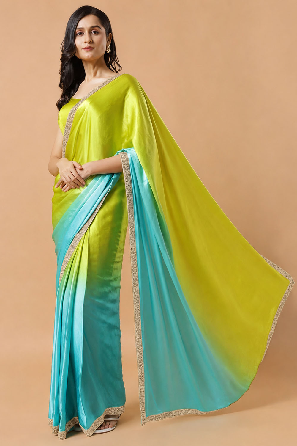 Chandini Turquoise Silk Ombre Sequins Ready to Wear One Minute Saree