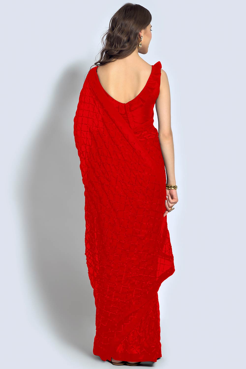 Huda Red Georgette Sequins Ready to Wear One Minute Saree