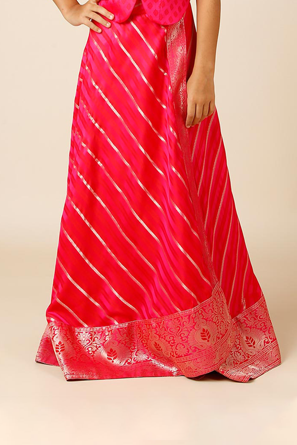 Zaira Pink Art Silk Leheriya Wrap Around Ethnic Saree Skirt For Kids & Tweens