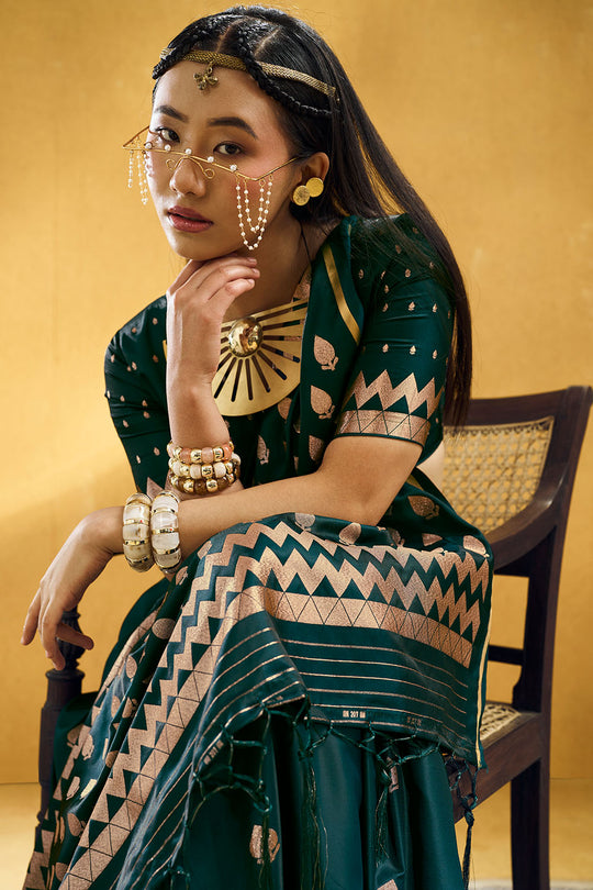 Pearl Bottle Green  Pure Satin Handloom Weaving Ready to Wear Saree