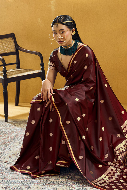 Pearl Maroon Pure Satin Handloom Weaving Ready to Wear Saree