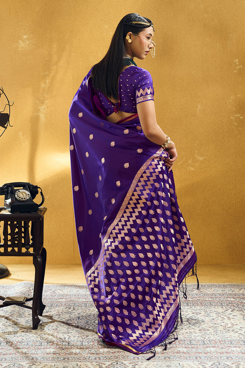 Pearl Royal Purple Pure Satin Handloom Weaving Ready to Wear Saree