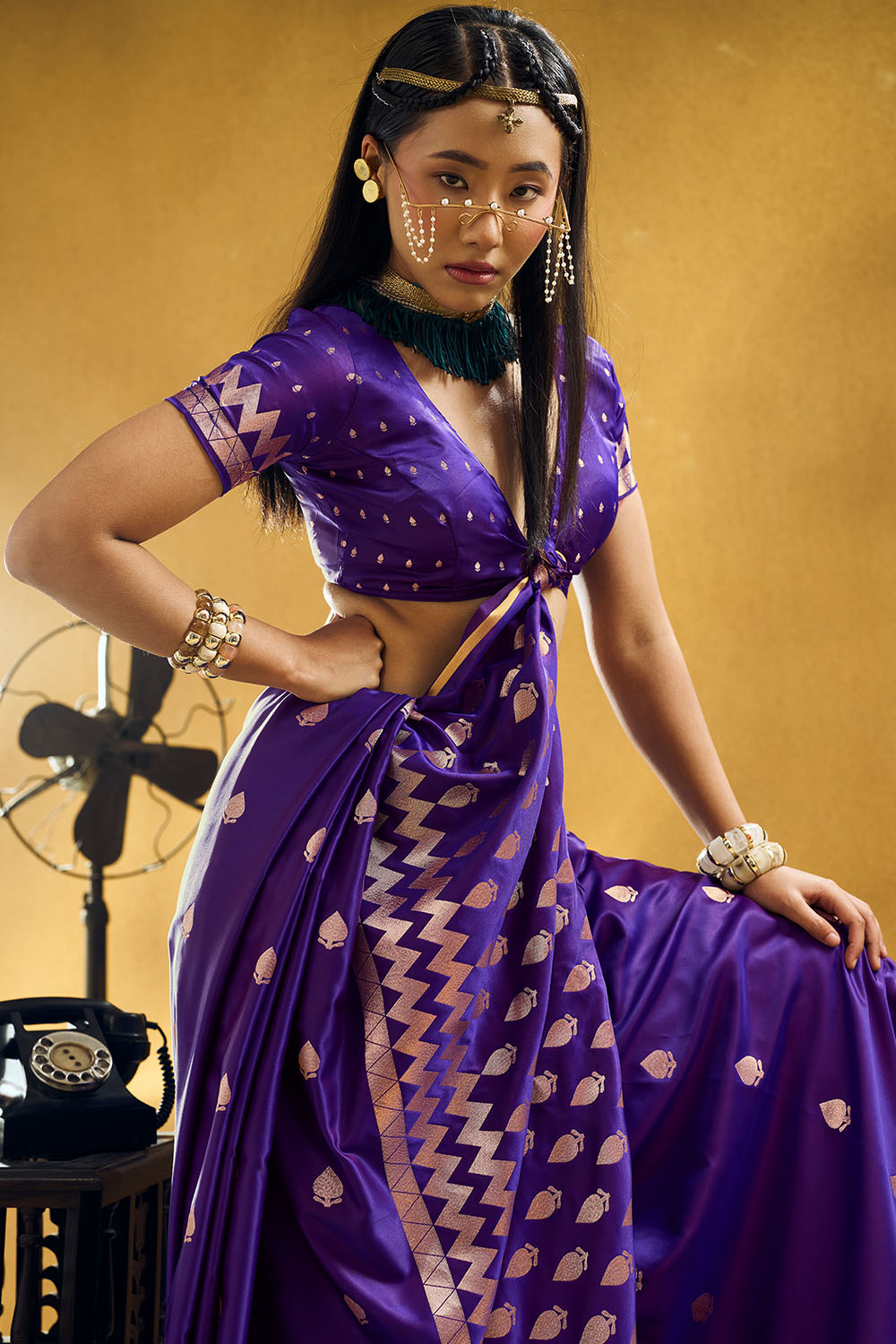 Pearl Royal Purple Pure Satin Handloom Weaving Ready to Wear Saree