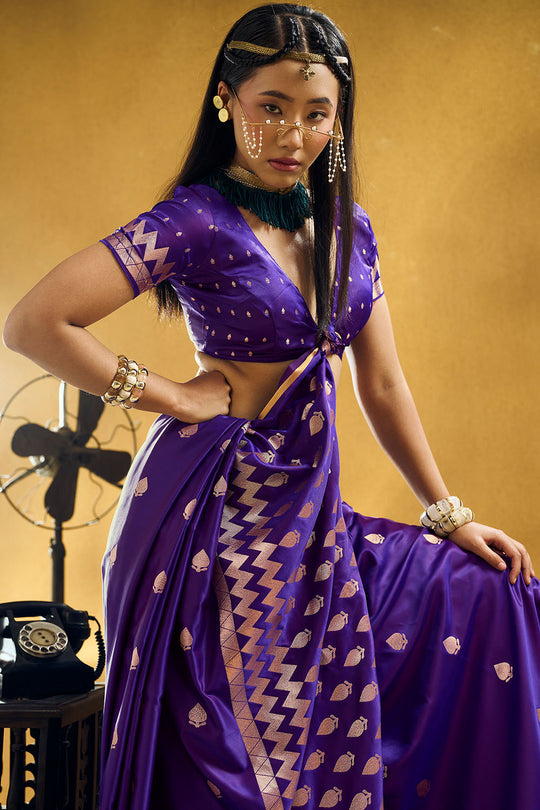 Pearl Royal Purple Pure Satin Handloom Weaving Ready to Wear Saree