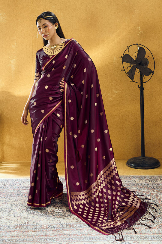 Pearl Wine Pure Satin Handloom Weaving Ready to Wear Saree