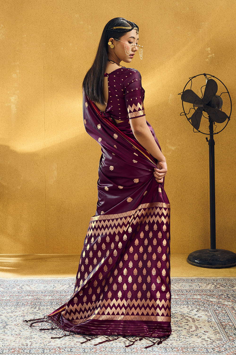 Pearl Wine Pure Satin Handloom Weaving Ready to Wear Saree