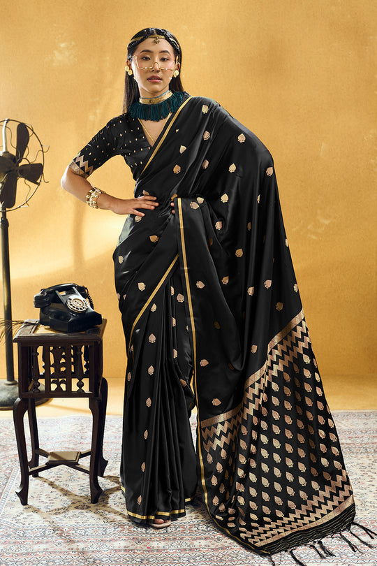 Pearl Black Pure Satin Handloom Weaving Ready to Wear Saree