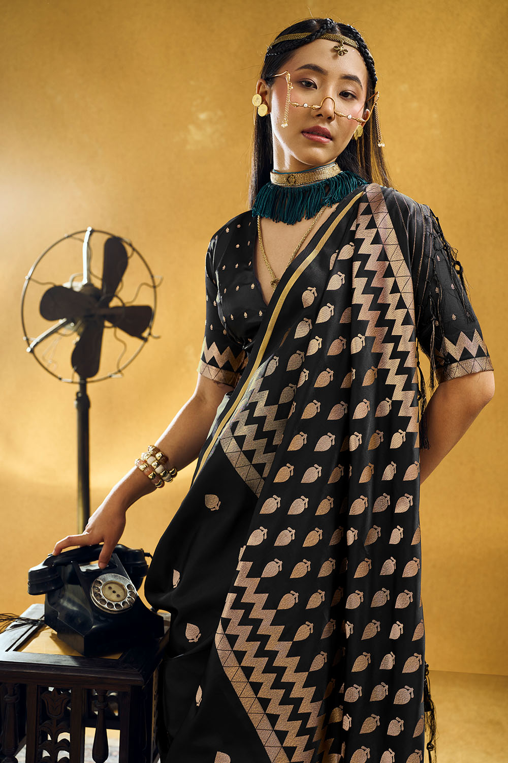 Pearl Black Pure Satin Handloom Weaving Ready to Wear Saree