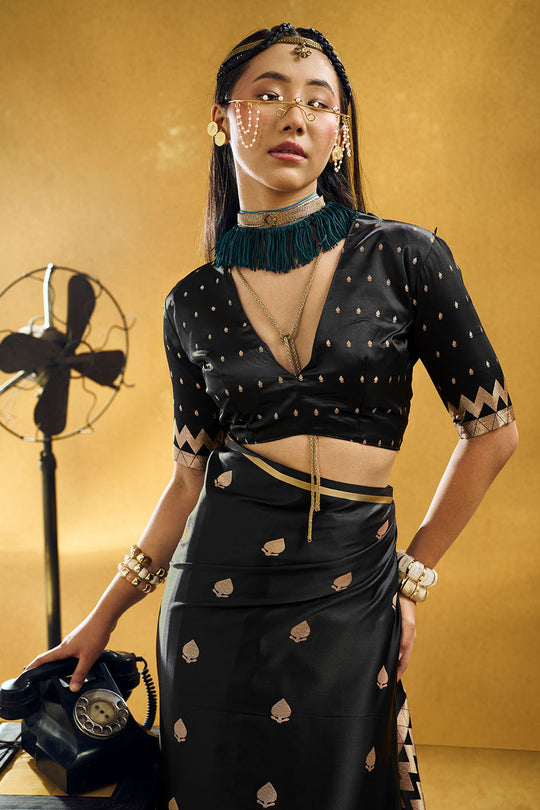Pearl Black Pure Satin Handloom Weaving Ready to Wear Saree