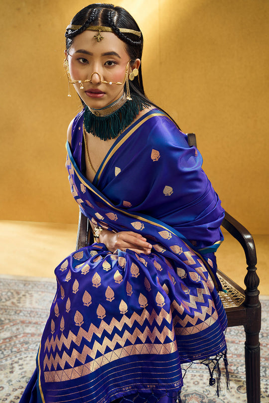 Pearl Royal Blue Pure Satin Handloom Weaving Ready to Wear Saree