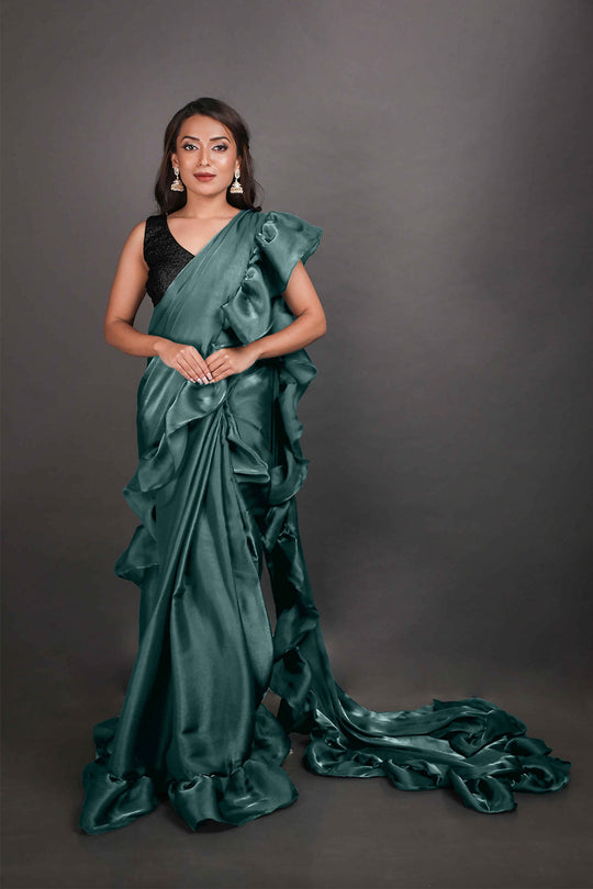 Reena Green Organza Ruffle Ready to Wear One Minute Saree
