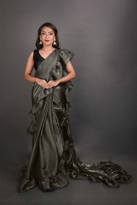 Kaya Gold Grey Organza Ruffle One Minute Saree
