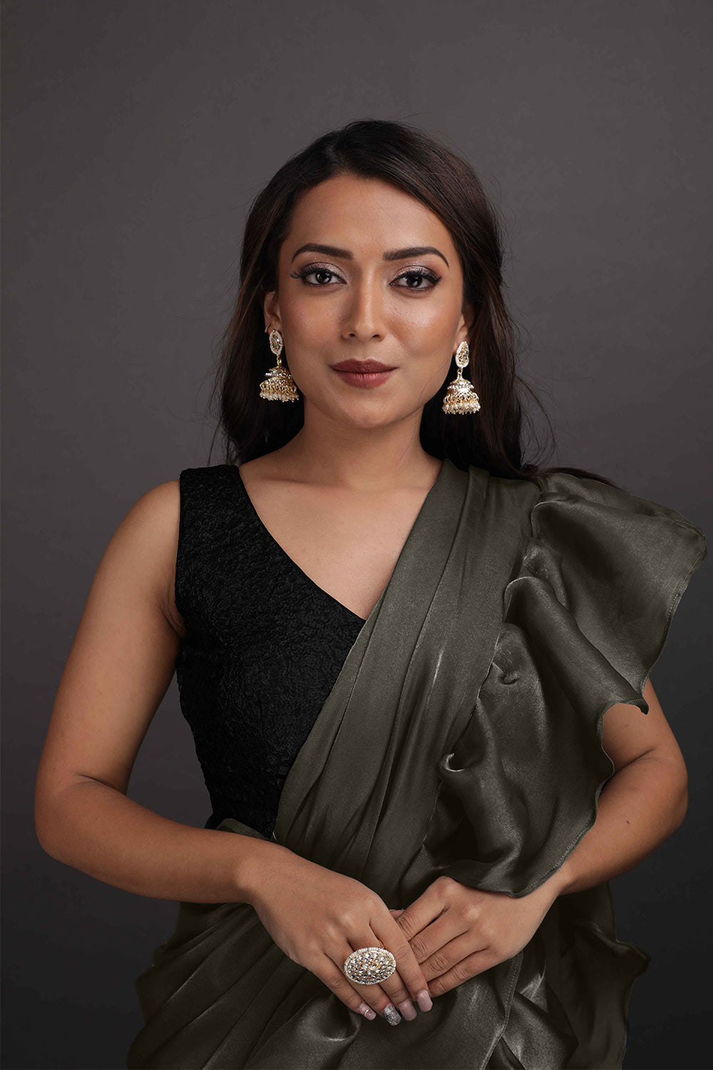 Kaya Gold Grey Organza Ruffle One Minute Saree