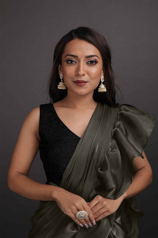 Kaya Gold Grey Organza Ruffle One Minute Saree