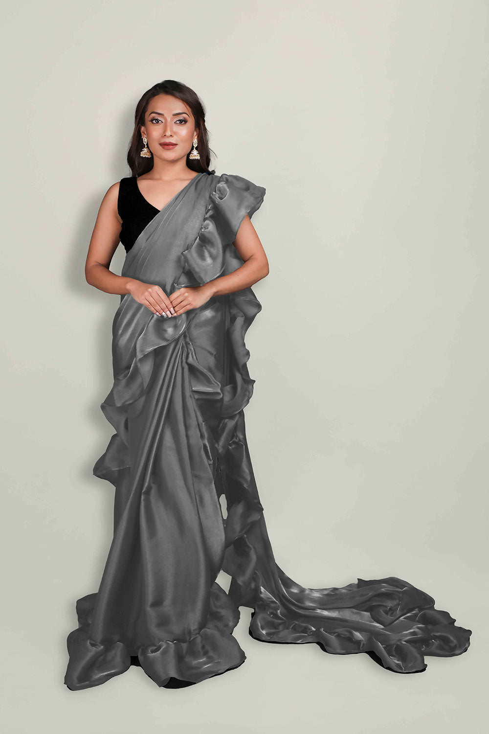 Lola light grey organza ruffle one minute saree online one minute saree