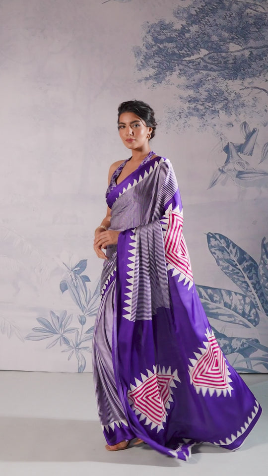 Aiko Royal Blue Ajrakh Print Satin Ready to Wear One Minute Saree