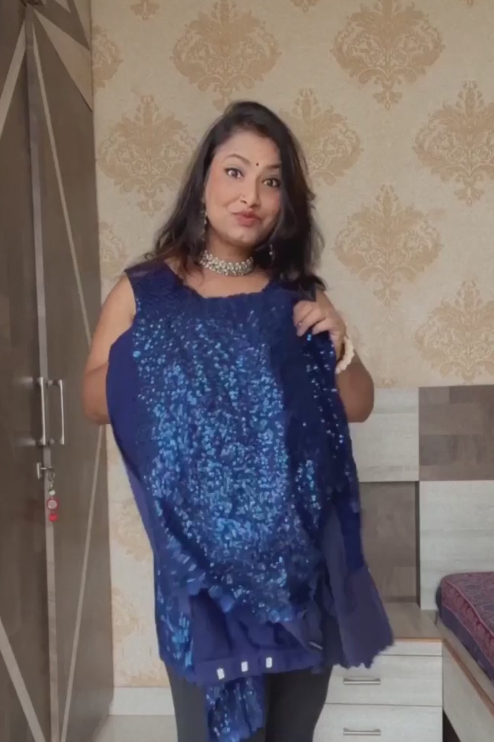Jesse Royal Blue Georgette Sequins with Embroidery Ready to Wear One Minute Saree