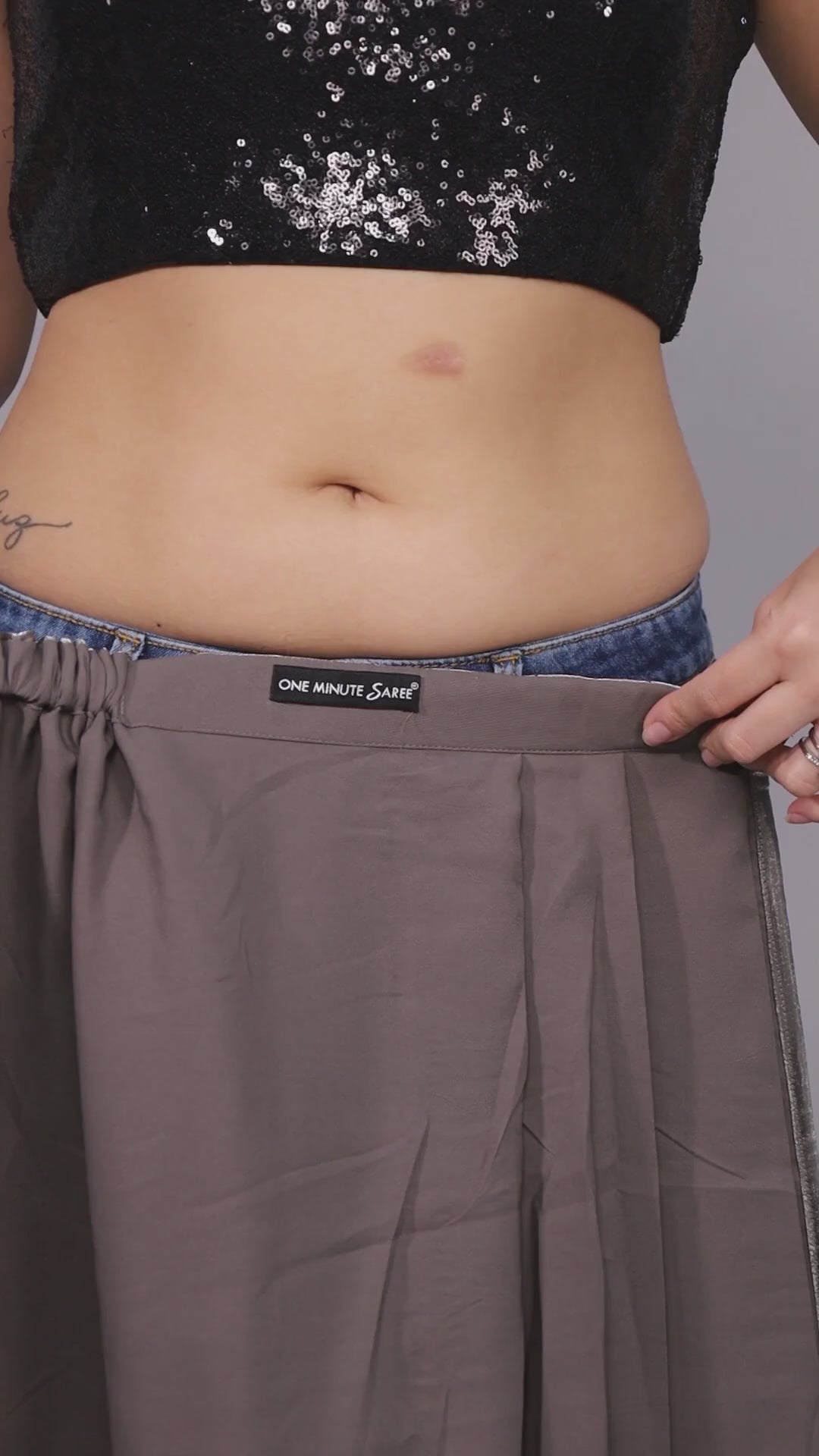 Arya Dark Grey &amp; Black Beaded Trim One Minute Saree