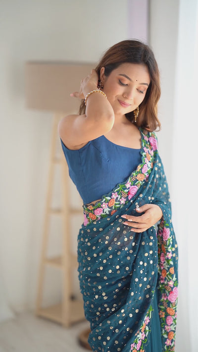 Isabella Teal Blue Georgette with Sequins & Floral Work One Minute Saree