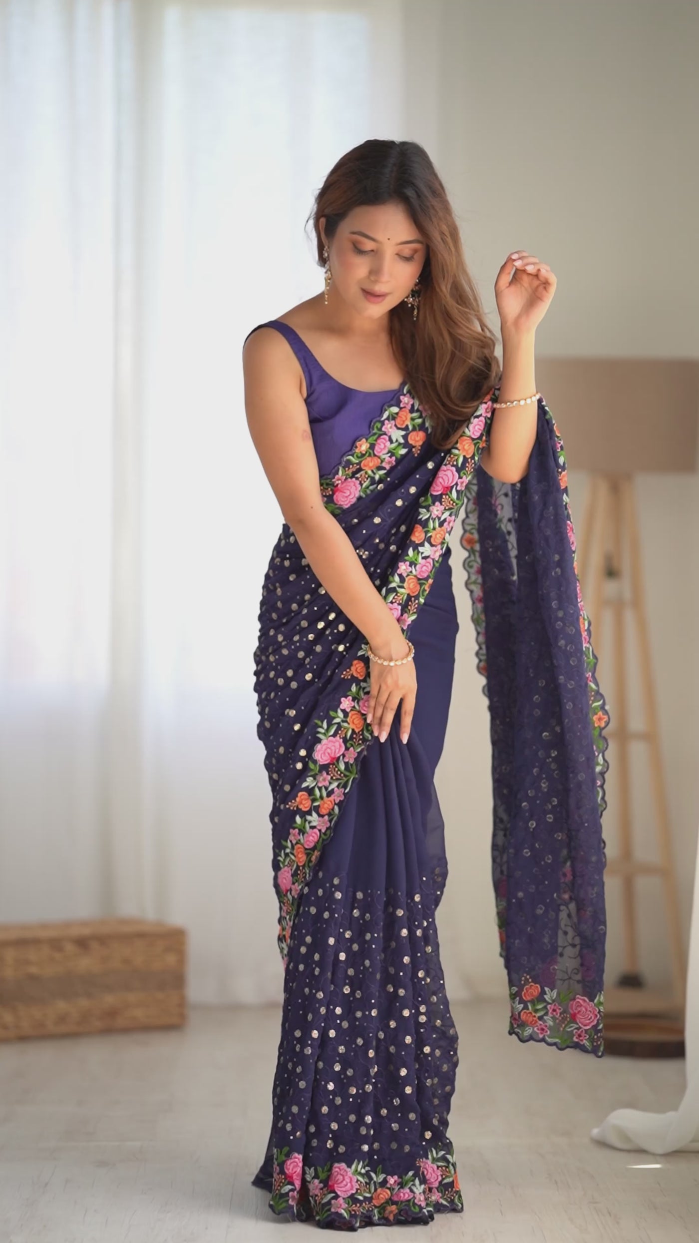 Isabella Navy Blue Georgette with Sequins & Floral Work One Minute Saree