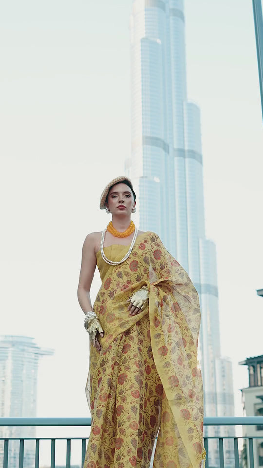 Ayesha Yellow Printed Zari Tissue One Minute Saree