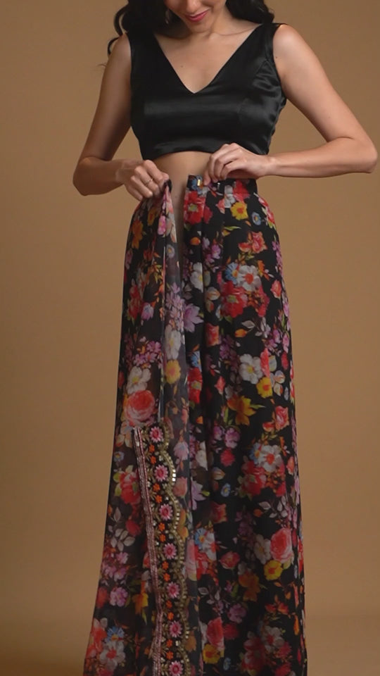 Florencia Black Floral Georgette Crepe Ready to Wear One Minute Saree