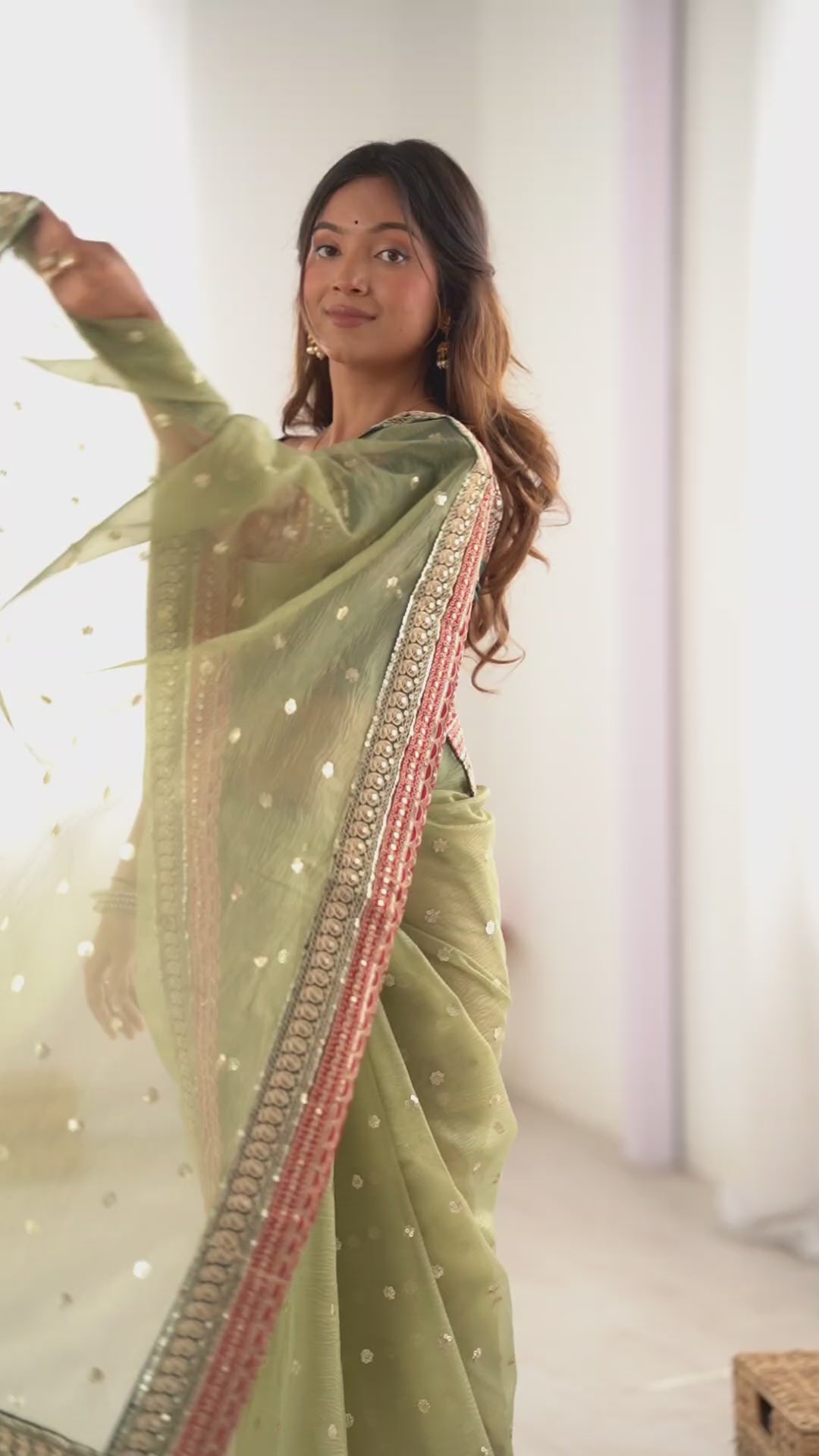 Uma Olive Green Banarasi Crush Sequins & Cording Lace Border Ready to Wear One Minute Saree