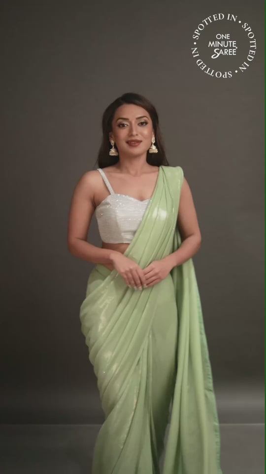 Halena Light Green Viscose Georgette Sequins Ready to Wear One Minute Saree