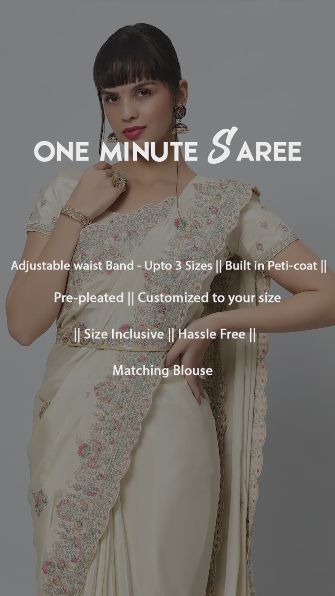 Noor Cream Royal Embroidered Crepe One Minute Saree