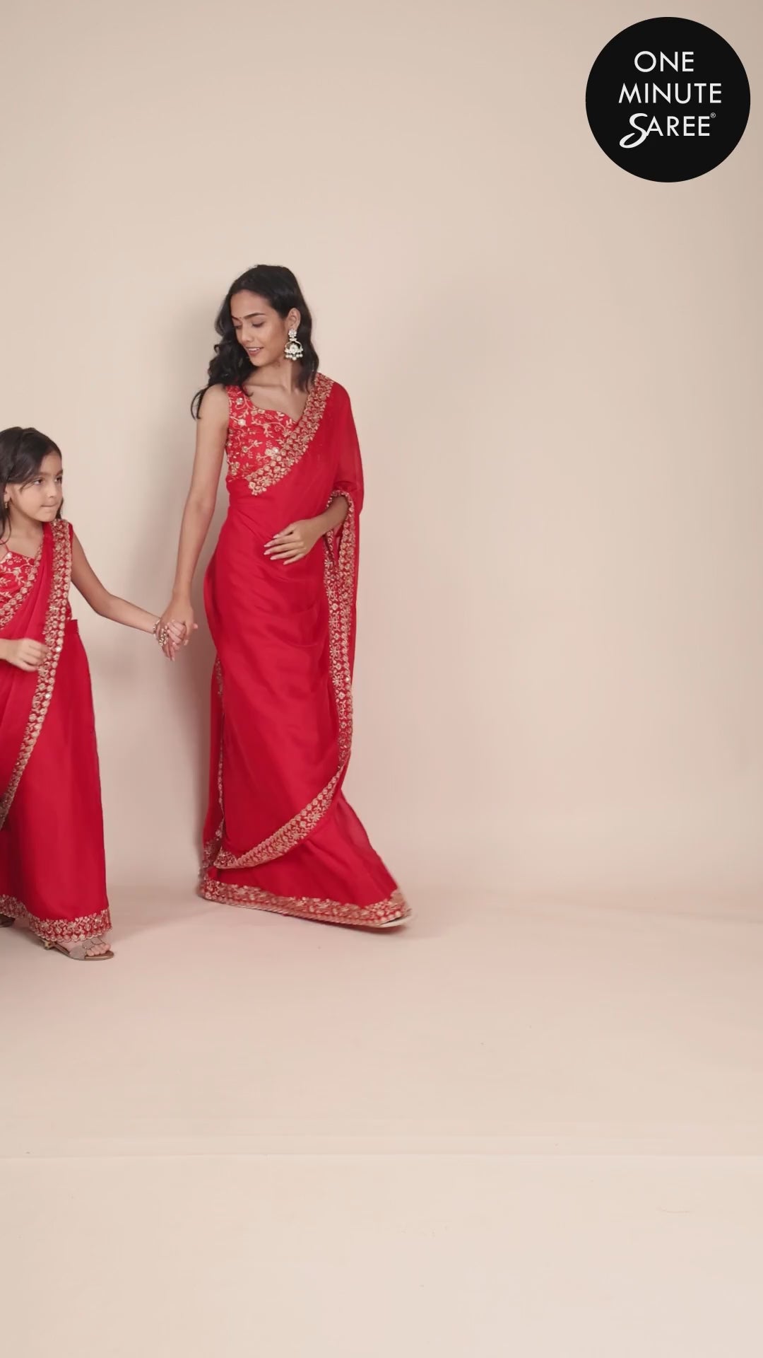 Madhuri Red Zari Border Crepe Silk One Minute Saree For Kids & Tweens